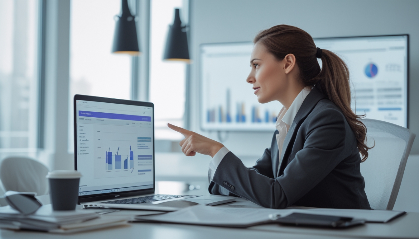Seorang wanita bisnis duduk di meja kantor modern sambil melihat layar laptop dengan grafik dan dokumen di sekitarnya.