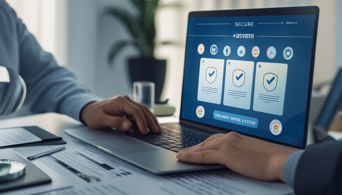 Seorang profesional sedang bekerja di depan laptop dengan tampilan situs web yang menunjukkan simbol keamanan dan lisensi, di meja terdapat dokumen dan kaca pembesar.
