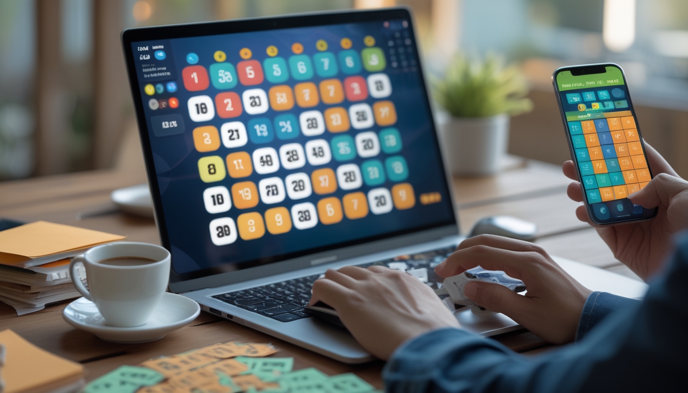 Seorang pria menggunakan laptop di meja kerja dengan layar menampilkan angka togel, dikelilingi catatan dan ponsel, suasana fokus dan terorganisir.