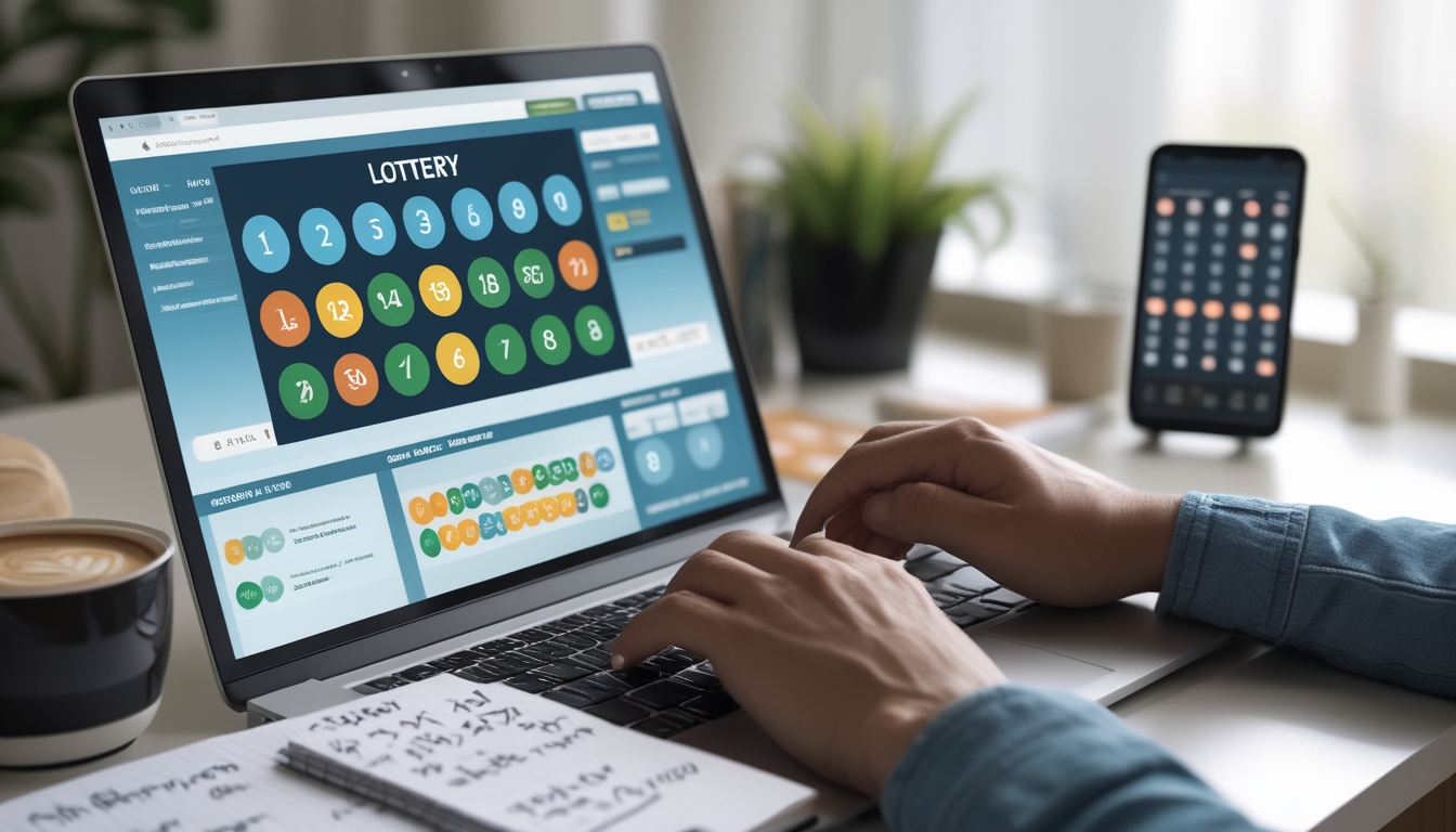 Seorang individu sedang menggunakan laptop untuk bermain togel online dengan catatan dan alat tulis di meja kerja.