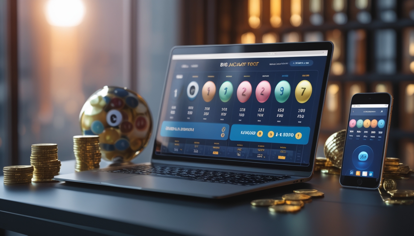 Seorang pengguna sedang melihat situs togel online di laptop dengan koin emas dan bola togel di sekitar meja.