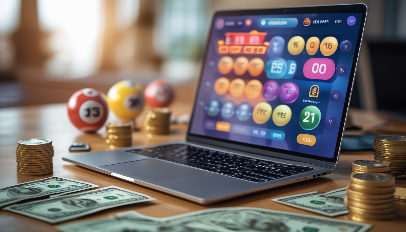 Seorang pria menggunakan laptop di meja kerja dengan bola togel dan uang di sekitarnya, menggambarkan peluang jackpot besar dalam judi togel online.