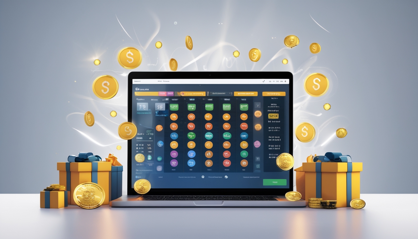 Seseorang menggunakan laptop dan smartphone dengan tampilan angka lotre digital, dikelilingi oleh ikon koin dan hadiah, menggambarkan situs judi togel online yang cepat dan terpercaya.