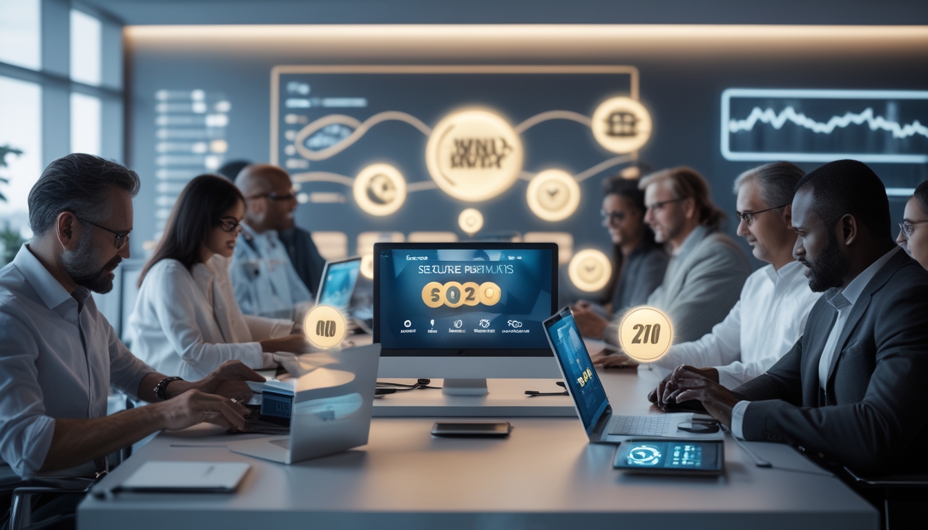 Orang-orang menggunakan laptop dan ponsel di kantor modern dengan tampilan digital yang menunjukkan angka togel dan ikon pembayaran cepat.