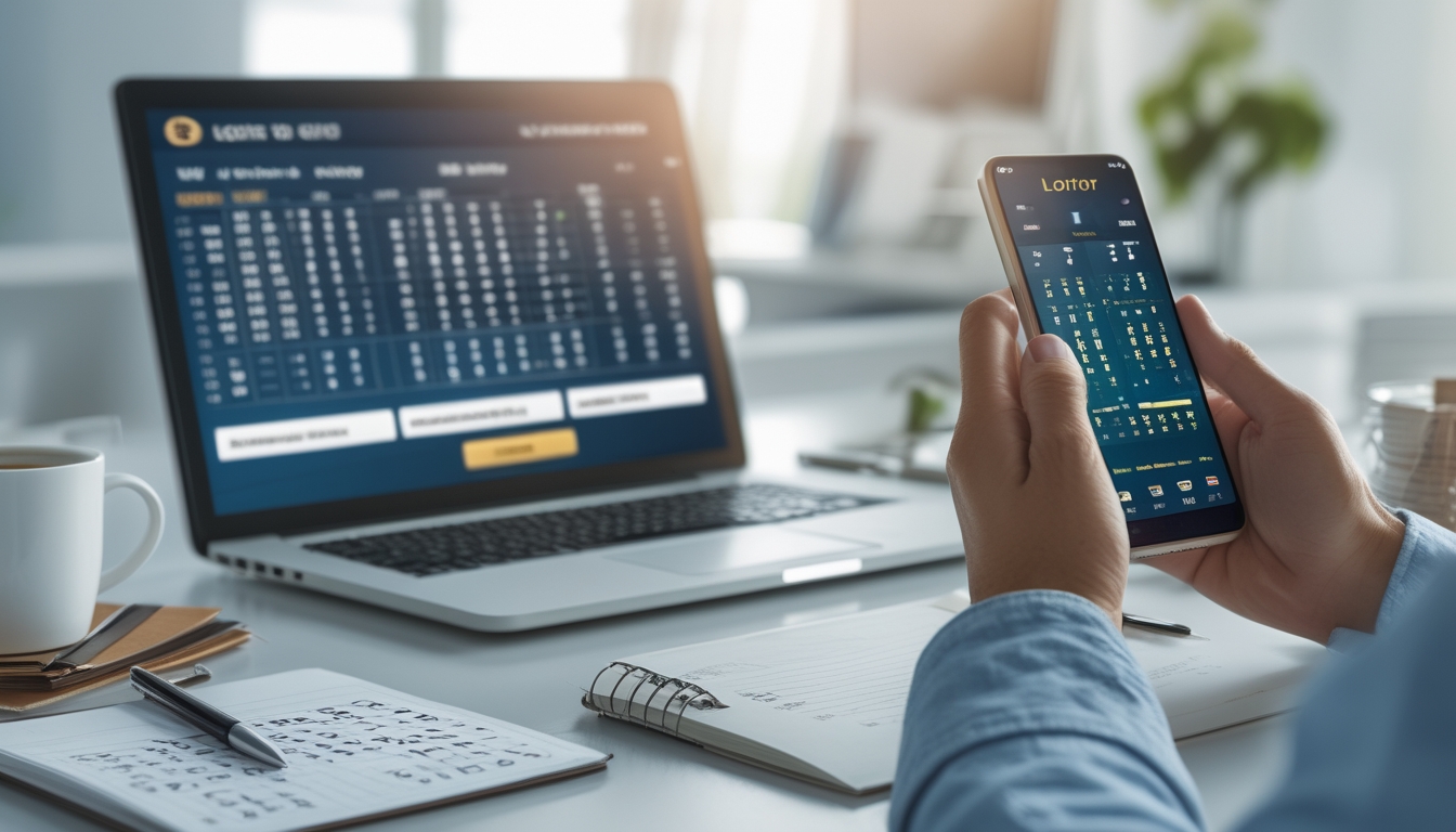 Seorang pria menggunakan laptop dan ponsel di meja kerja dengan catatan angka, fokus pada prediksi togel online.
