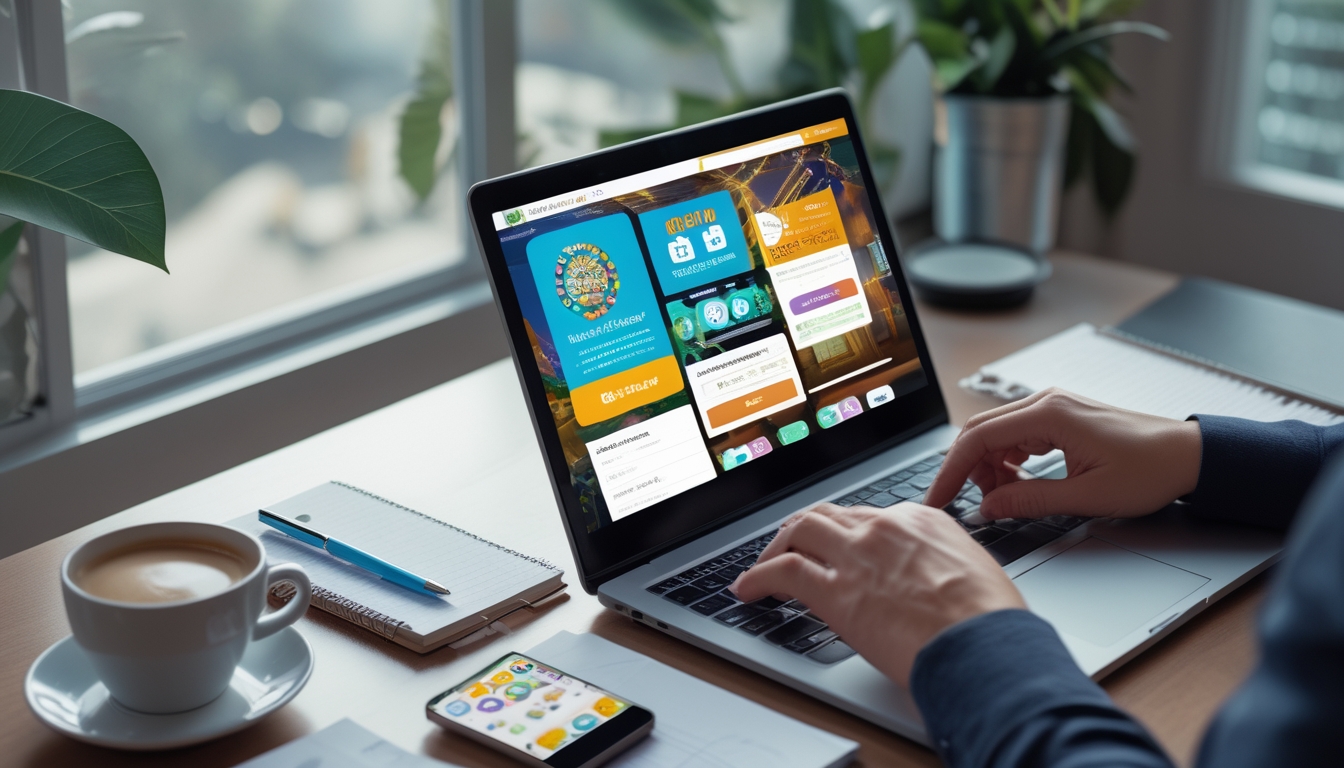 Seseorang menggunakan laptop dan ponsel untuk mengakses situs togel online di meja kerja dengan secangkir kopi dan alat tulis di sekitar.