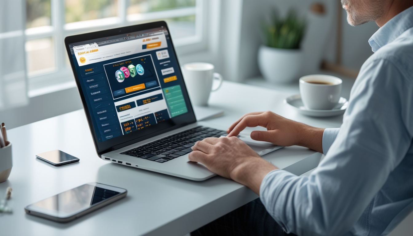 Seseorang menggunakan laptop di meja kerja di rumah, fokus melihat situs togel online dengan suasana terang dan tenang.
