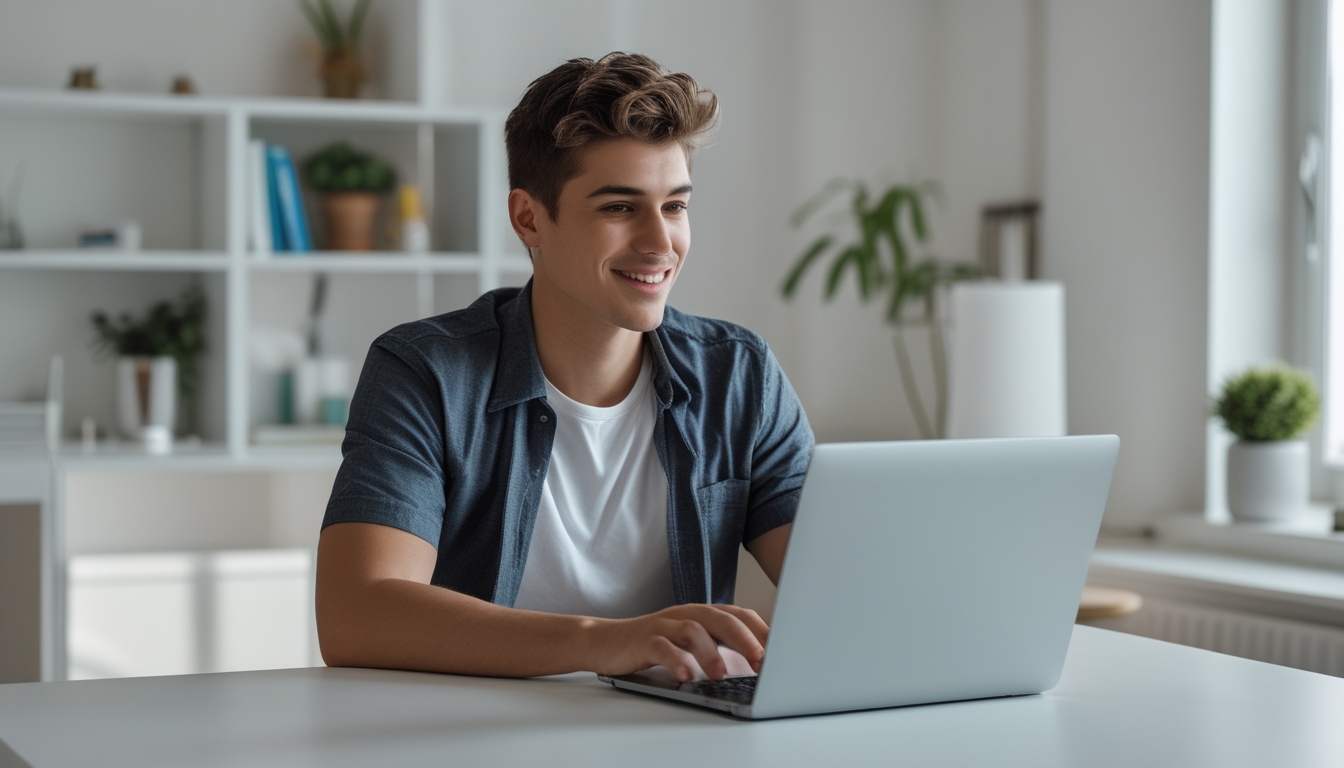 Seorang dewasa muda duduk di meja modern di ruang kerja rumah yang terang, fokus menggunakan laptop dengan ekspresi puas dan percaya.