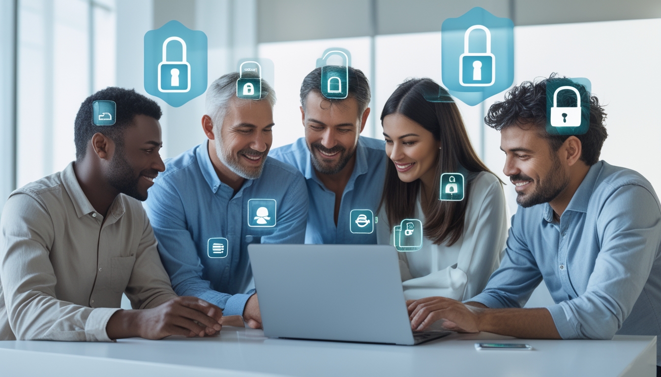 Sekelompok orang dewasa sedang menggunakan laptop dan ponsel di kantor modern, menunjukkan pengalaman bermain togel online yang aman dan terpercaya.
