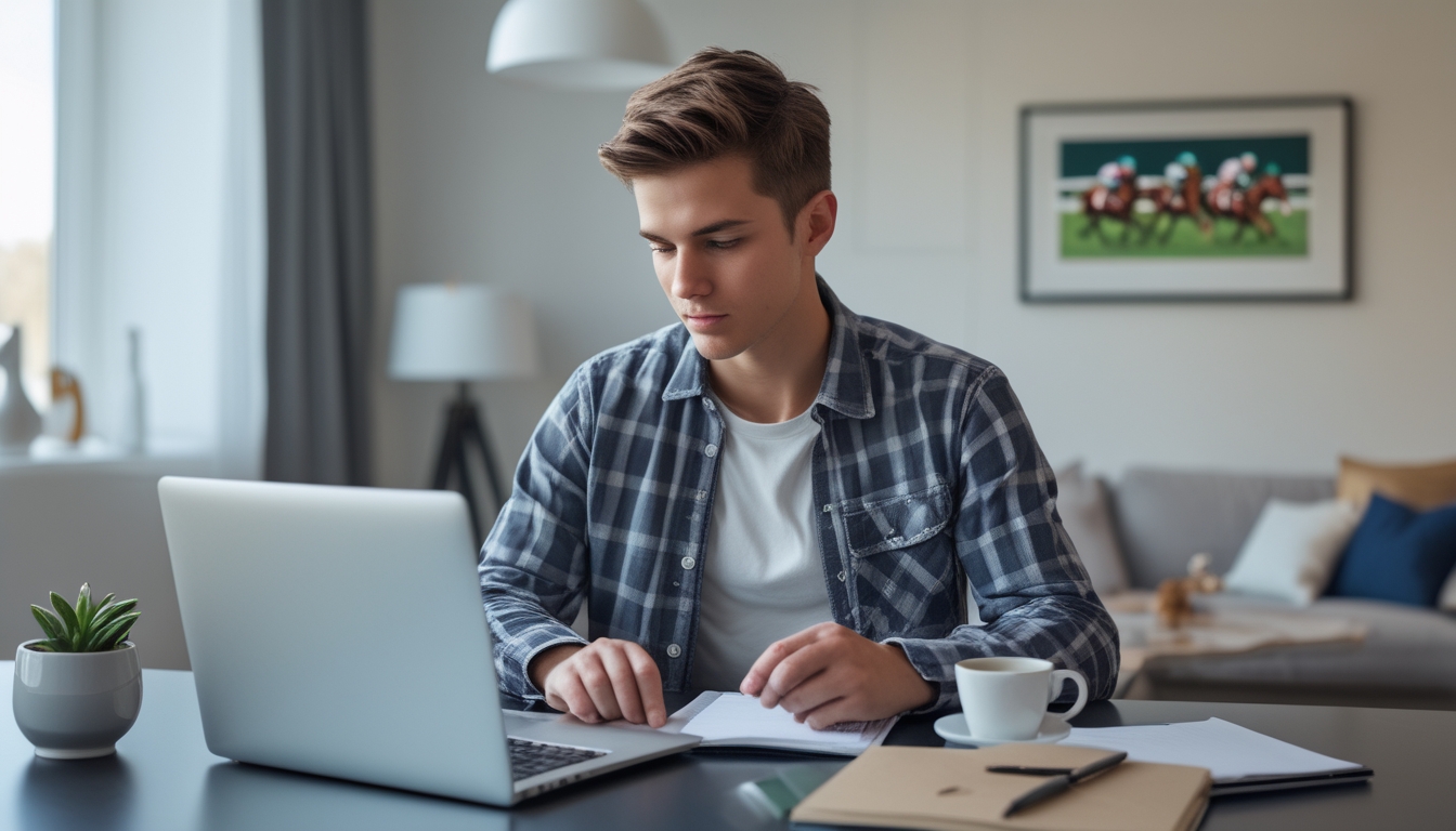 Seorang dewasa muda duduk di meja dengan laptop, menyiapkan pendaftaran judi balap kuda online dalam ruangan terang dengan dekorasi bertema balap kuda.