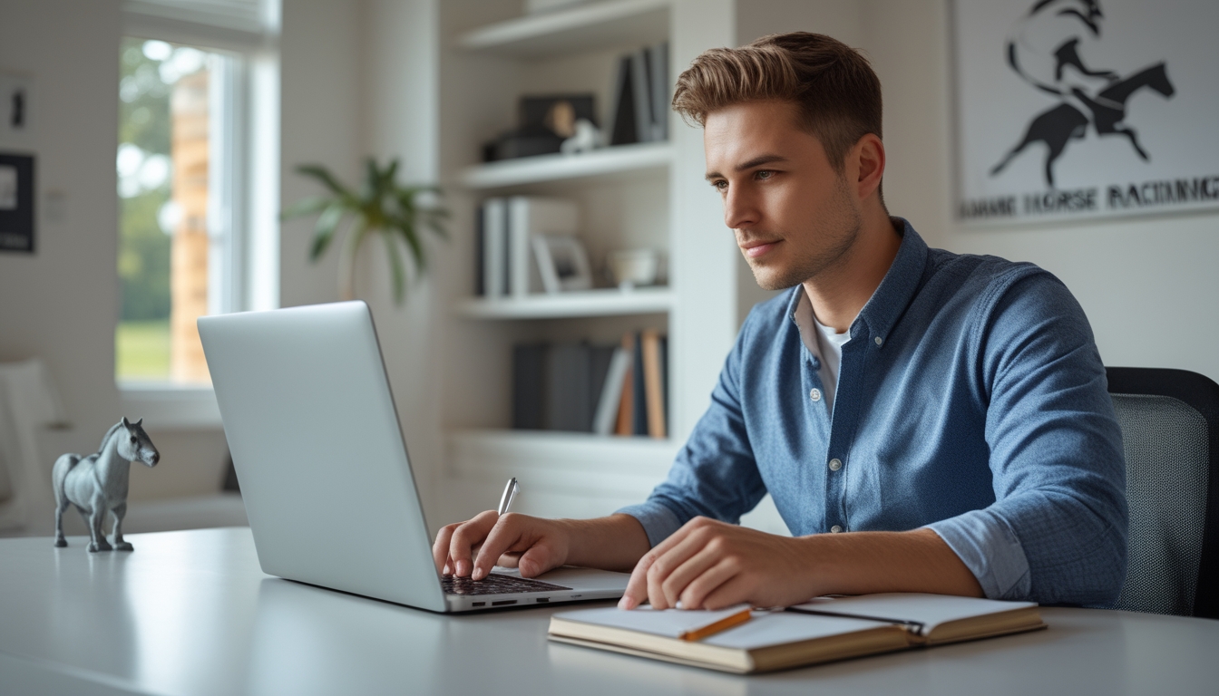 Seorang pria muda duduk di meja kerja dengan laptop dan alat tulis, terlihat fokus mempersiapkan diri untuk pendaftaran taruhan balap kuda.