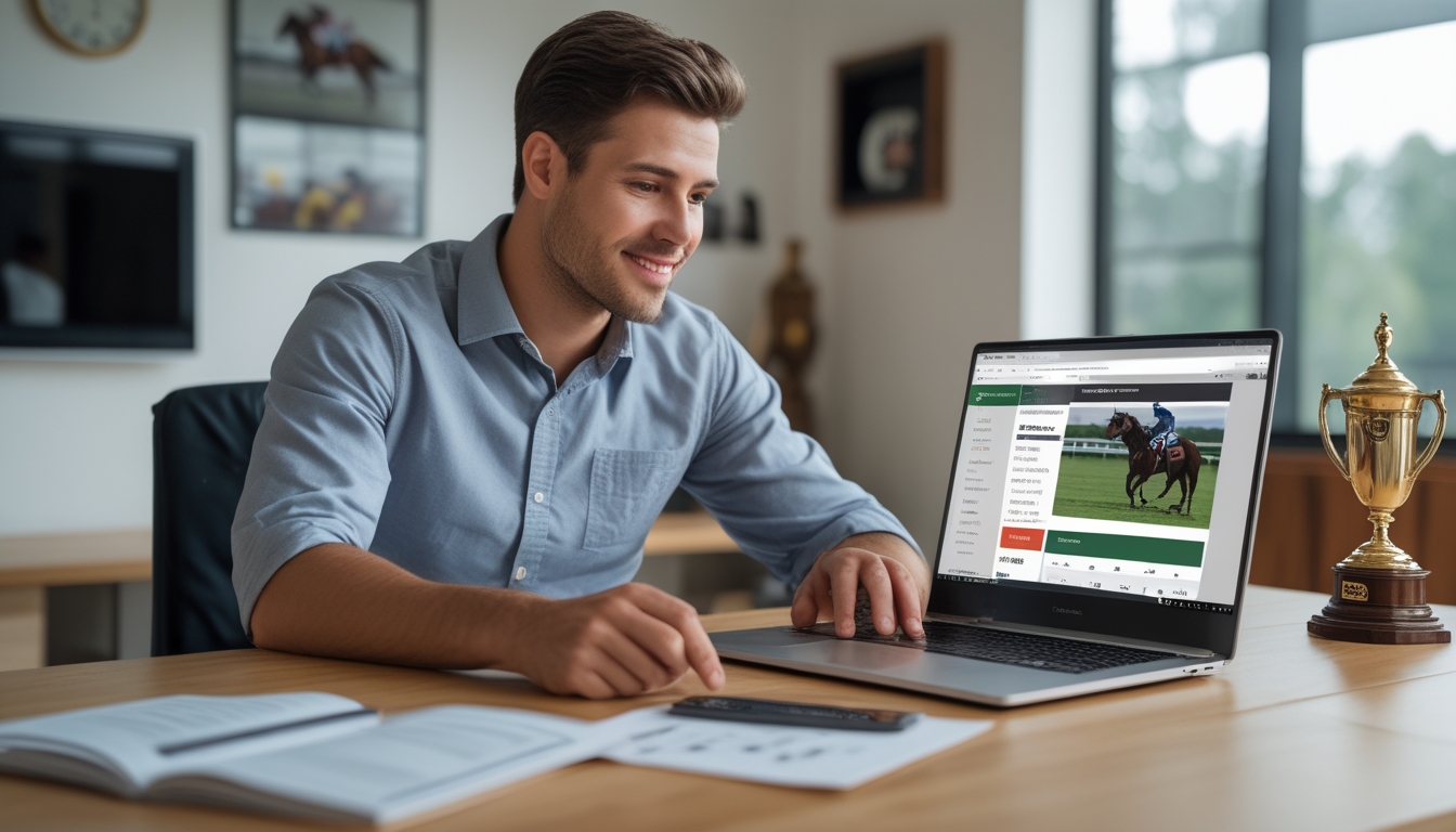 Seorang pria muda sedang mendaftar di platform judi balap kuda online yang aman di ruang kerja rumah yang rapi.