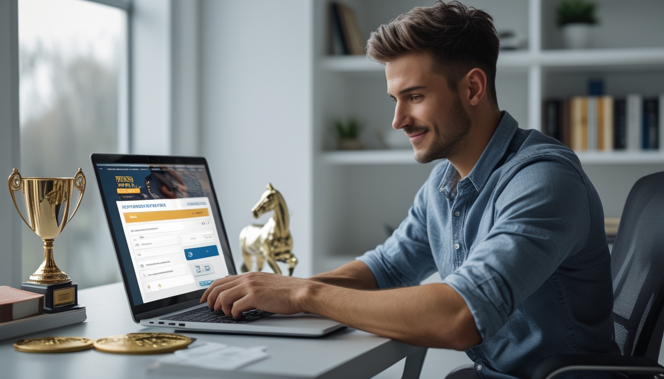 Seorang pria muda duduk di meja dengan laptop, sedang mendaftar di situs judi balap kuda online di ruangan terang dan rapi.