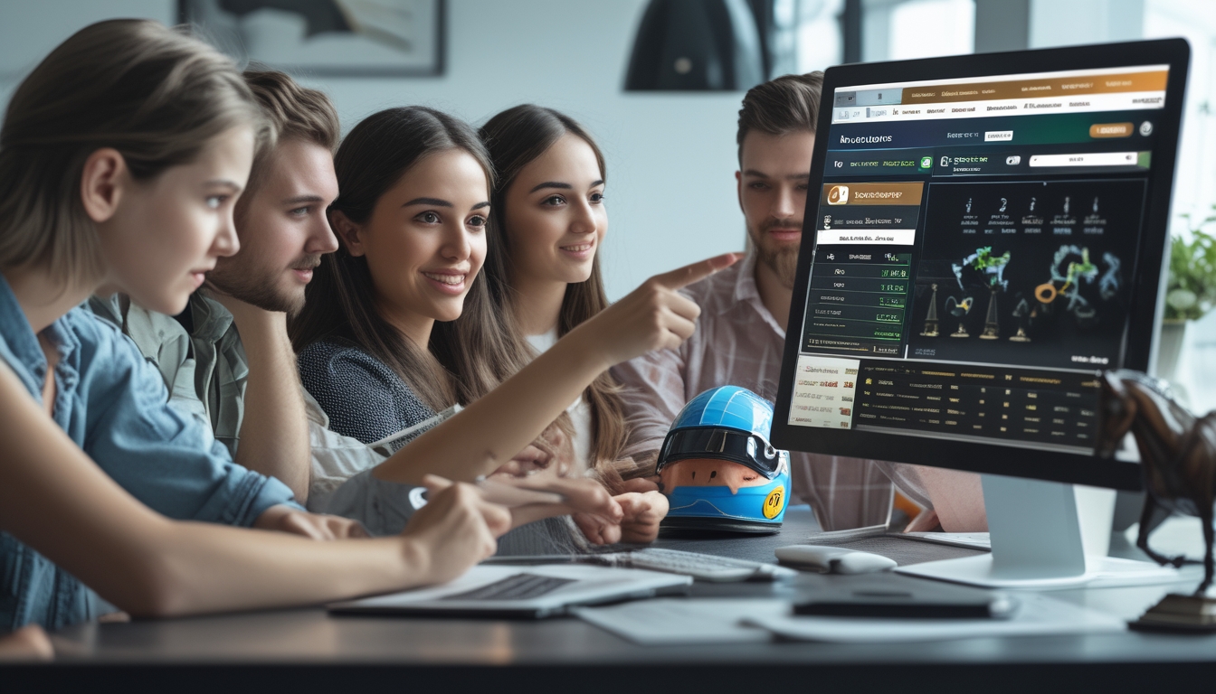 Beberapa orang muda sedang melihat layar laptop yang menampilkan situs balap kuda online dengan fokus dan berdiskusi di sebuah meja kerja.