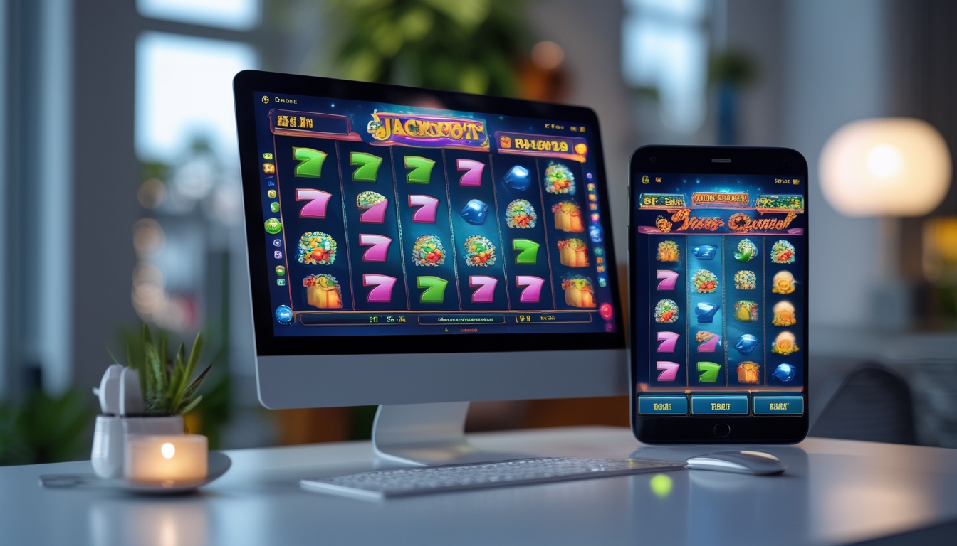 Sebuah laptop dan ponsel menampilkan permainan slot online dengan simbol warna-warni di layar.