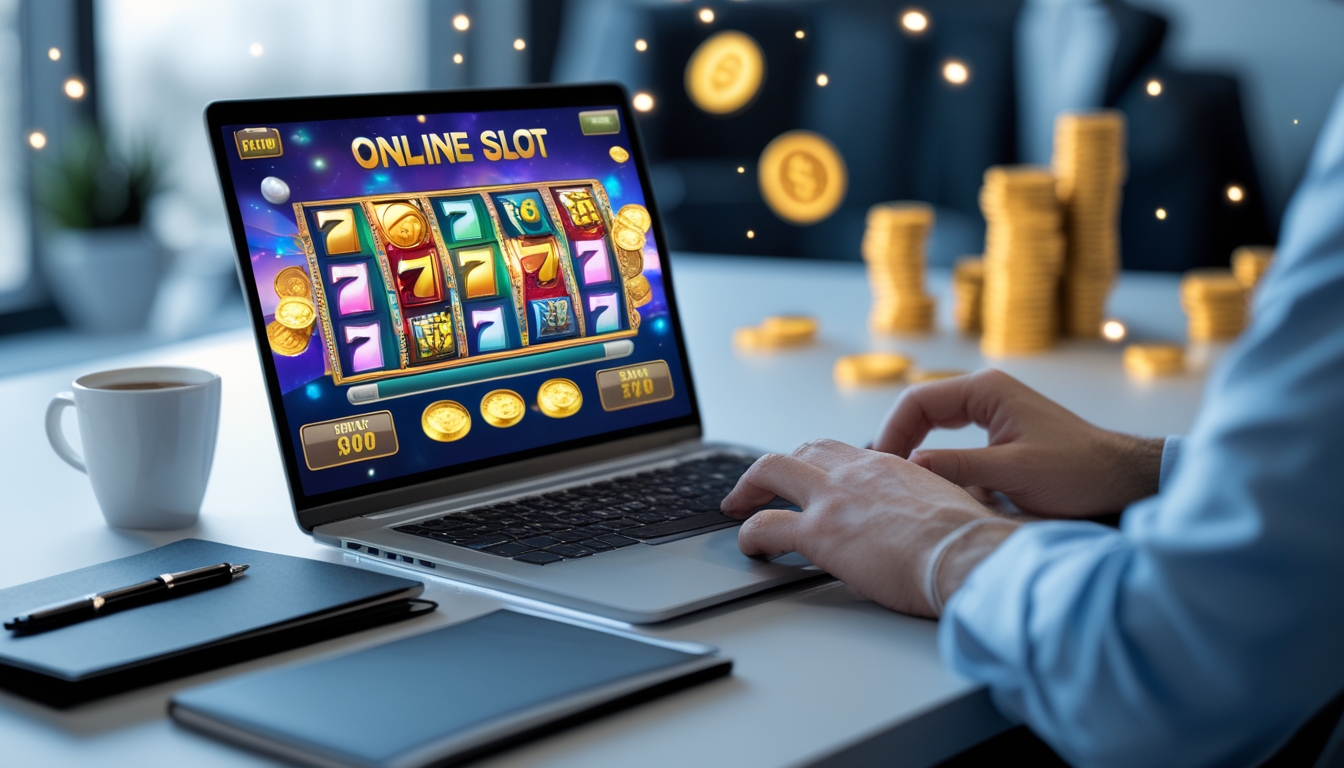 Seseorang menggunakan laptop dengan permainan slot online yang menampilkan gulungan berwarna-warni dan koin emas di meja kerja yang rapi.