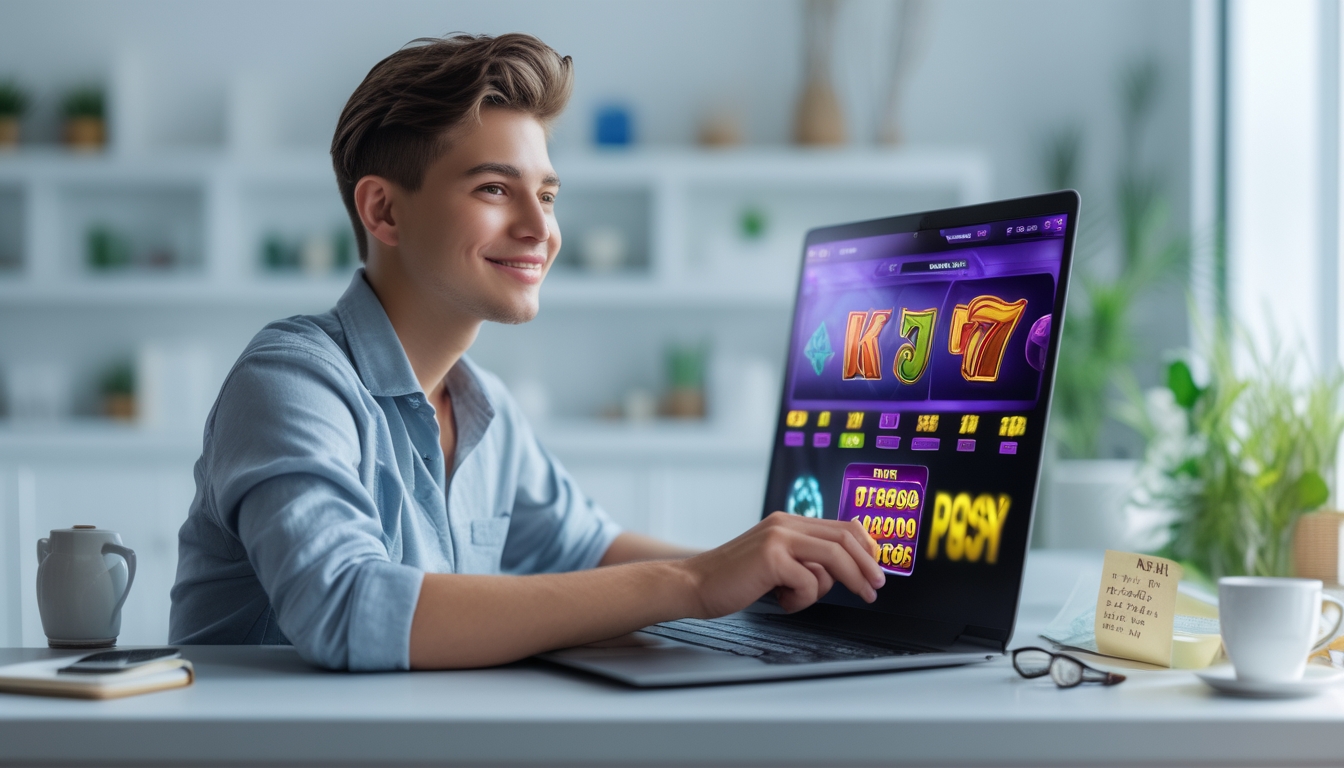 Seorang dewasa muda duduk di meja dengan laptop yang menampilkan permainan slot online, tersenyum dan fokus sambil memegang ponsel di tangan.