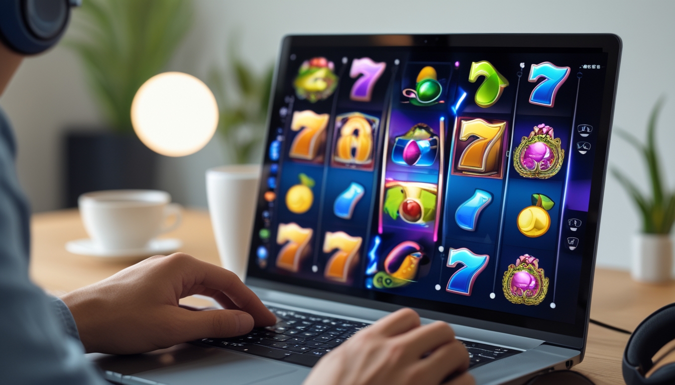 Seseorang sedang bermain permainan slot online di komputer dengan latar ruang kerja yang rapi.
