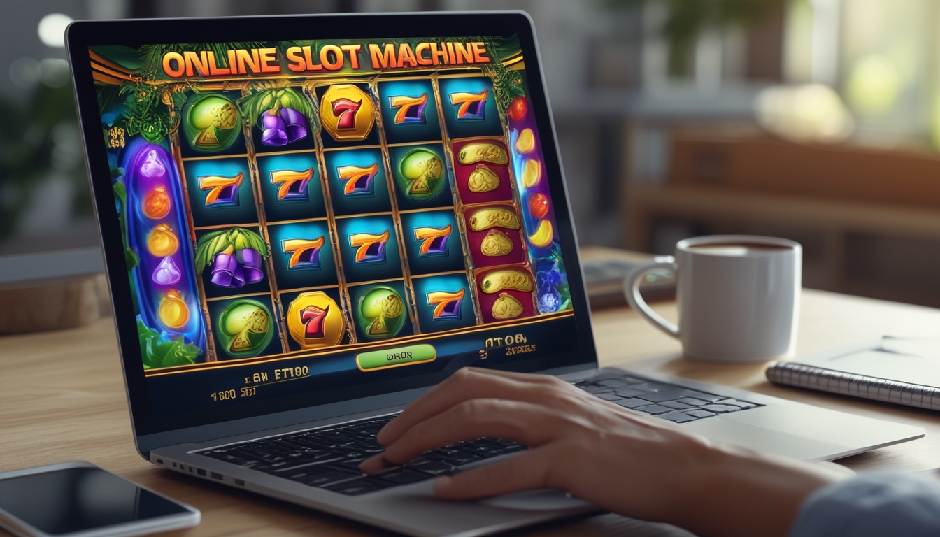 Sebuah laptop menampilkan permainan mesin slot online dengan simbol warna-warni, di atas meja kayu dengan tangan seseorang siap mengetik, dikelilingi oleh cangkir kopi, ponsel, dan buku catatan.