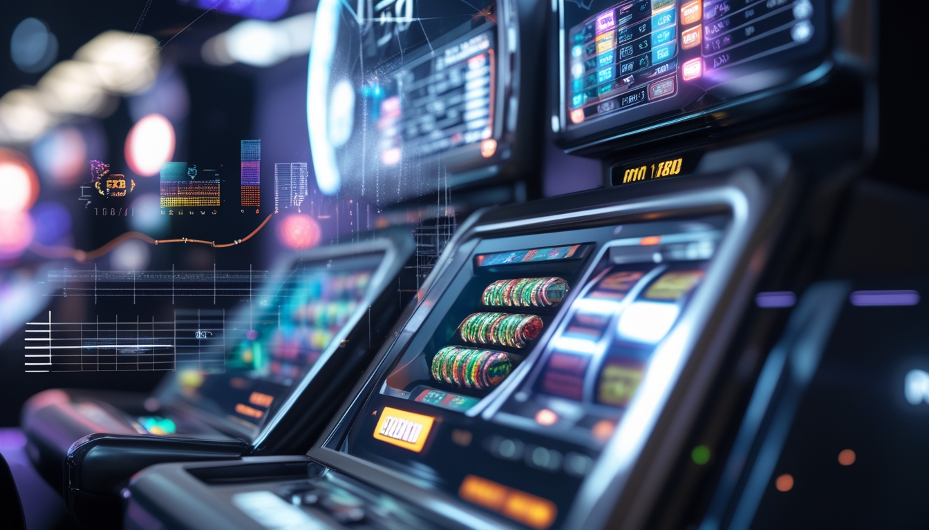 Sebuah mesin slot modern dengan layar berwarna cerah dan grafik statistik di sekitarnya, menggambarkan konsep peluang menang dalam permainan slot online.