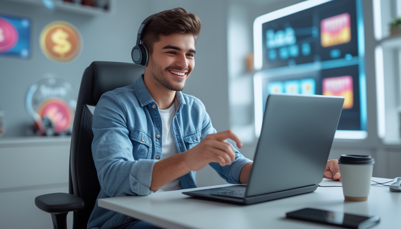 Seorang pria muda duduk di meja kerja sambil bermain permainan slot online di laptop dengan ekspresi senang dan fokus.