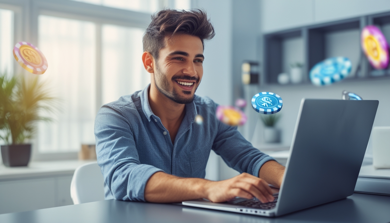 Seorang pria muda duduk di meja dengan laptop, bermain permainan slot online dan tersenyum fokus.