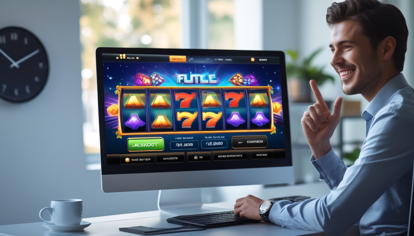 Seseorang duduk di depan komputer dengan layar menampilkan permainan slot online yang berwarna-warni, terlihat senang dan fokus bermain di meja kerja yang rapi dengan jam dinding di latar belakang.
