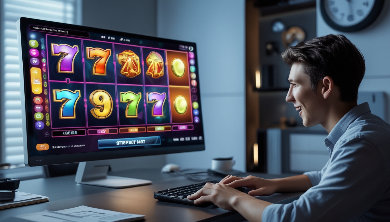 Seorang dewasa muda duduk di depan komputer dengan permainan slot online di layar, terlihat fokus dan bersemangat, di ruang kerja yang modern dengan jam dinding dan catatan strategi di meja.