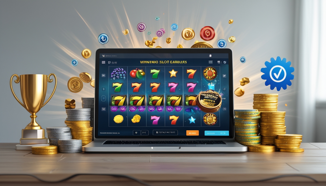 Seorang pengguna duduk di depan komputer dengan tampilan permainan slot online berwarna cerah, dikelilingi oleh simbol kemenangan dan tanda kepercayaan.