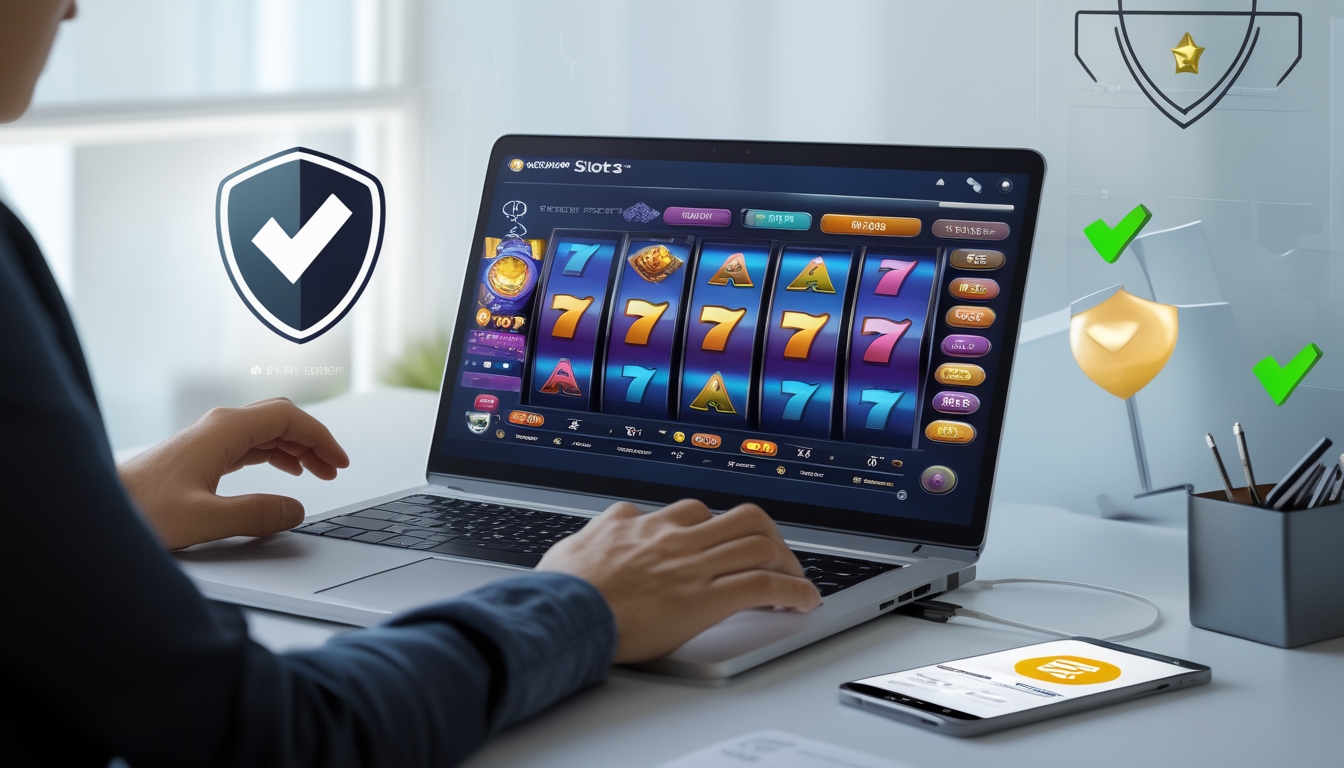 Seseorang menggunakan laptop dengan tampilan permainan slot online di layar, di meja terdapat elemen yang melambangkan keamanan dan kepercayaan.