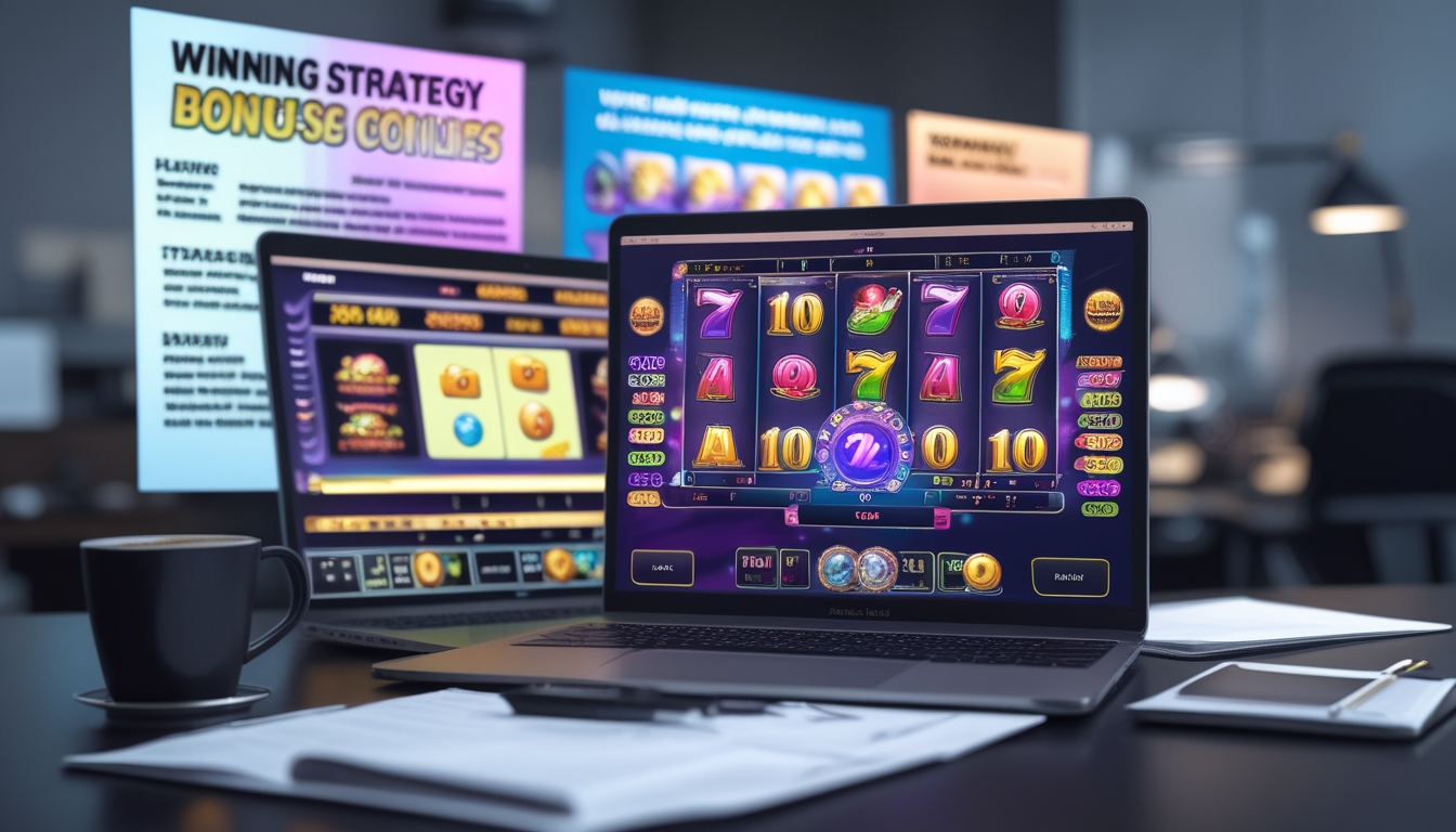 Seorang pria sedang bekerja di depan laptop dengan tampilan permainan slot online dan catatan strategi di meja kerjanya.