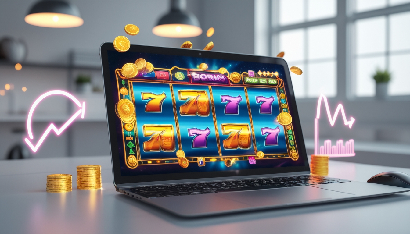 Seorang pengguna komputer dengan layar menampilkan permainan slot online berwarna-warni dan simbol bonus, dikelilingi oleh koin dan grafik yang menunjukkan peluang menang meningkat.