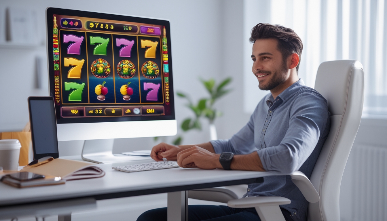 Seorang pria duduk di depan komputer yang menampilkan permainan mesin slot online dengan ekspresi percaya diri dan fokus.