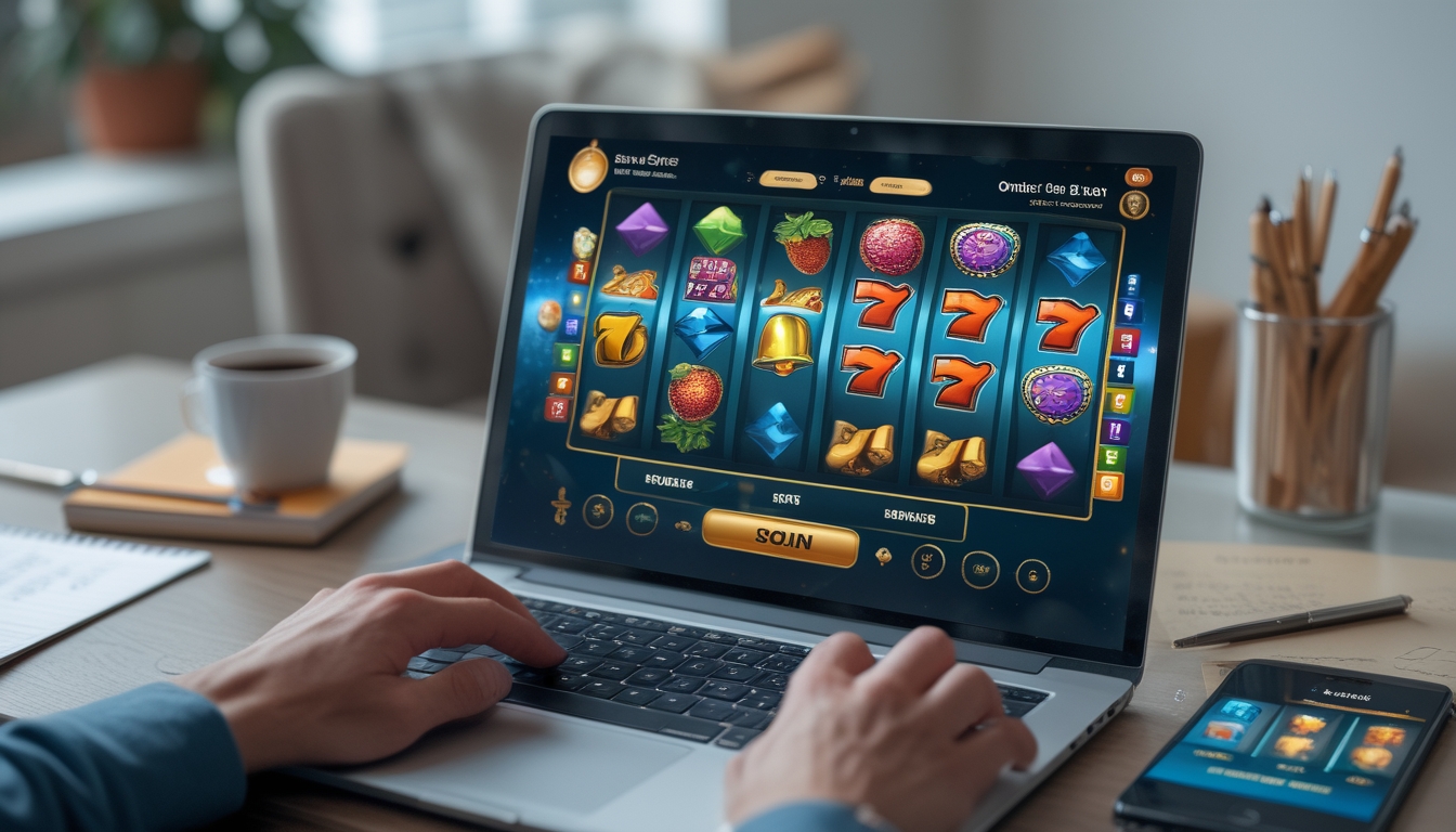 Seseorang menggunakan laptop dengan tampilan mesin slot online berwarna-warni di layar, di meja kerja dengan secangkir kopi dan catatan.