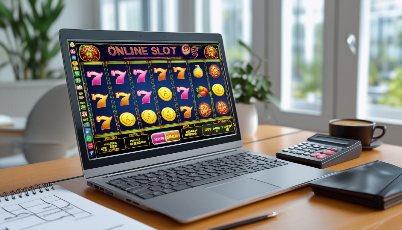 Meja kerja dengan laptop menampilkan permainan slot online, buku catatan dengan catatan keuangan, kalkulator, dan cangkir kopi di ruang kantor yang terang.