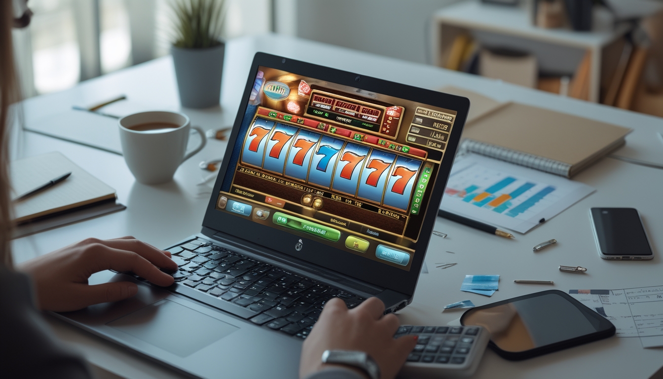 Meja kerja dengan laptop menampilkan permainan slot online, tangan seseorang sedang menggunakan mouse, dengan kalkulator dan grafik keuangan di sekitar.