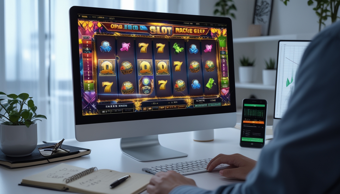 Seorang pemain duduk di depan komputer dengan layar menampilkan permainan slot online, dikelilingi oleh buku catatan dan ponsel yang menunjukkan grafik, di sebuah ruangan yang terang dan rapi.