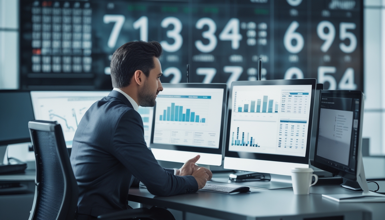 Seorang profesional di kantor modern sedang menganalisis data pada beberapa layar komputer dengan grafik dan angka terkait prediksi togel.