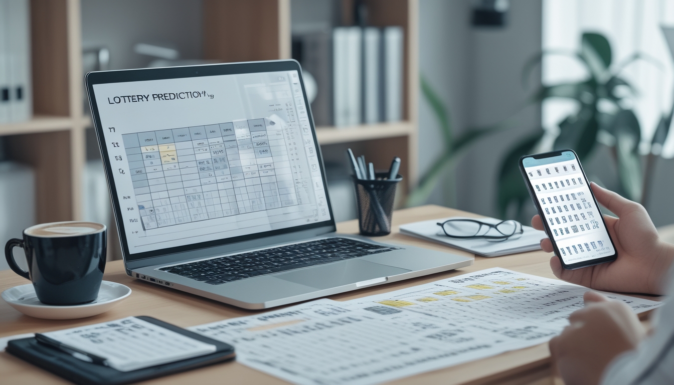 Seorang pria duduk di meja kerja dengan laptop dan kertas berisi angka, sedang menganalisis data untuk prediksi togel.
