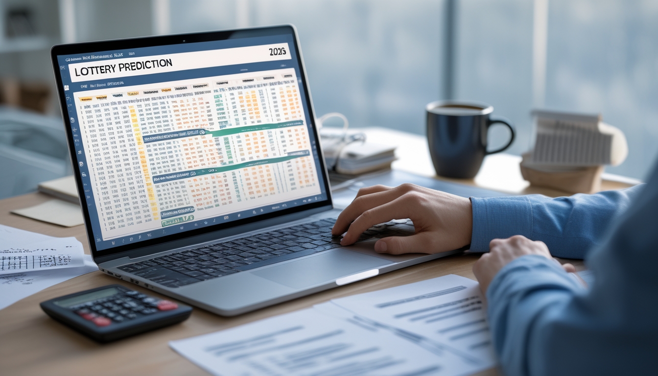 Seorang pria sedang menganalisis data angka togel di depan laptop dengan kertas catatan dan kalkulator di meja kerja.