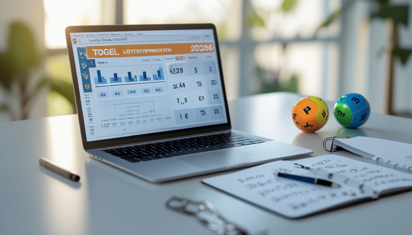Meja kerja dengan laptop, catatan, dan bola togel berwarna, menunjukkan suasana analisis prediksi angka togel.