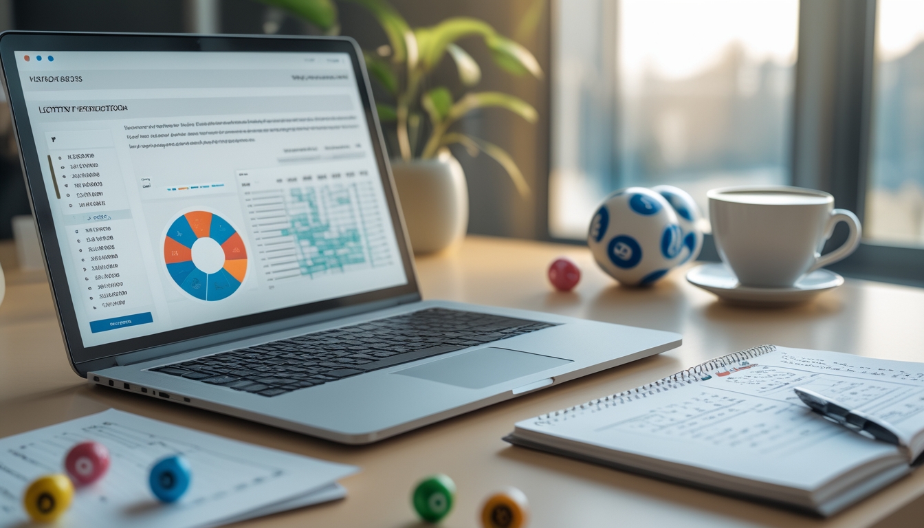 Meja kerja dengan laptop, catatan, bola togel bernomor, dan cangkir kopi yang menunjukkan suasana perencanaan dan analisis prediksi togel.