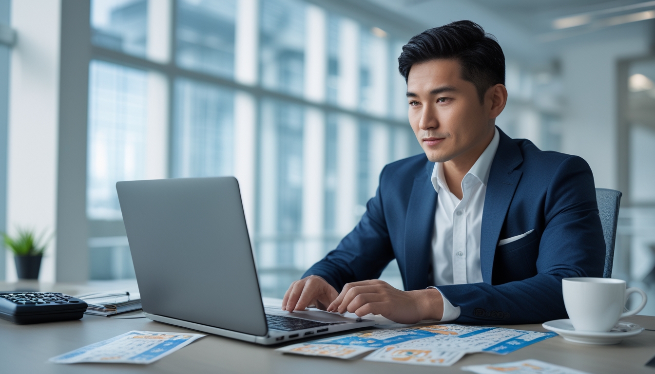 Seorang pria Asia Tenggara duduk di meja kantor modern, menganalisis data di laptop dengan tiket lotere di depannya.