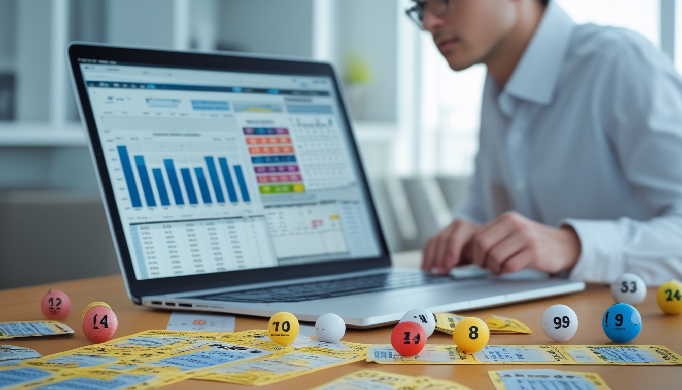 Seorang profesional sedang menganalisis data angka togel di meja kerja dengan laptop dan bola angka togel.
