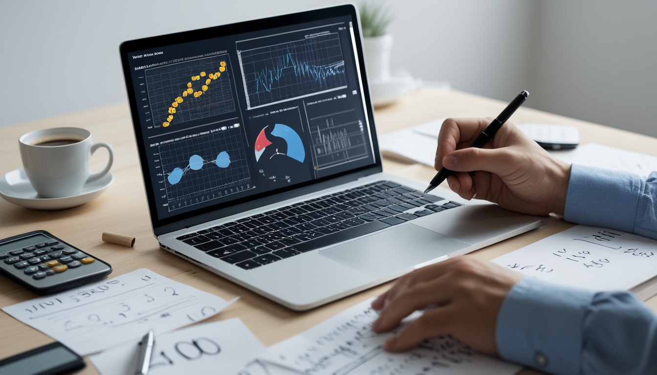 Meja kerja dengan laptop yang menampilkan grafik angka, catatan dengan hitungan, dan tangan seseorang sedang menulis atau menunjuk pada kertas.