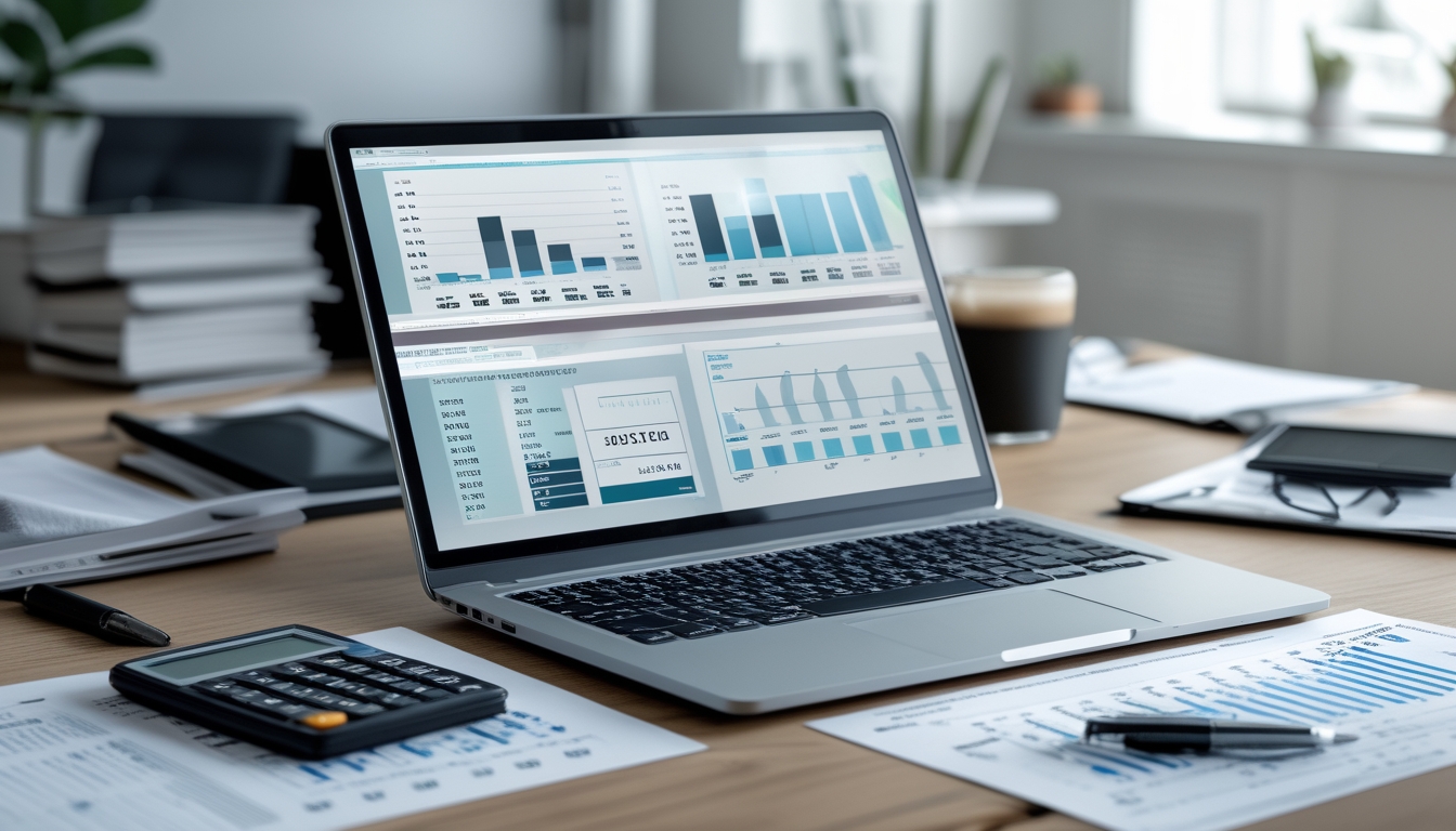 Seorang profesional sedang bekerja di meja dengan laptop yang menampilkan grafik dan data angka, dikelilingi oleh alat tulis dan kalkulator di ruang kantor yang terang.