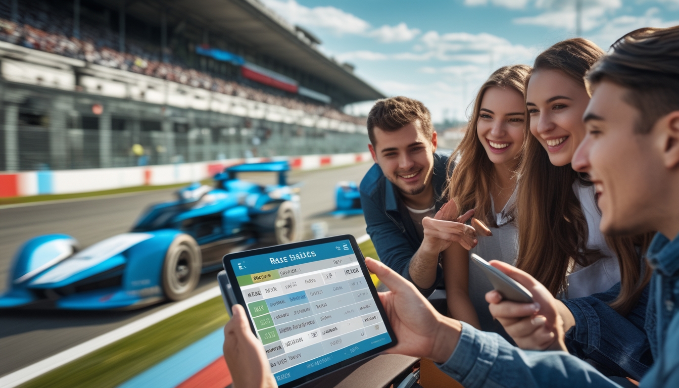 Sekelompok orang muda sedang melihat perangkat digital di dekat trek balap mobil dengan mobil balap melaju kencang di latar belakang.