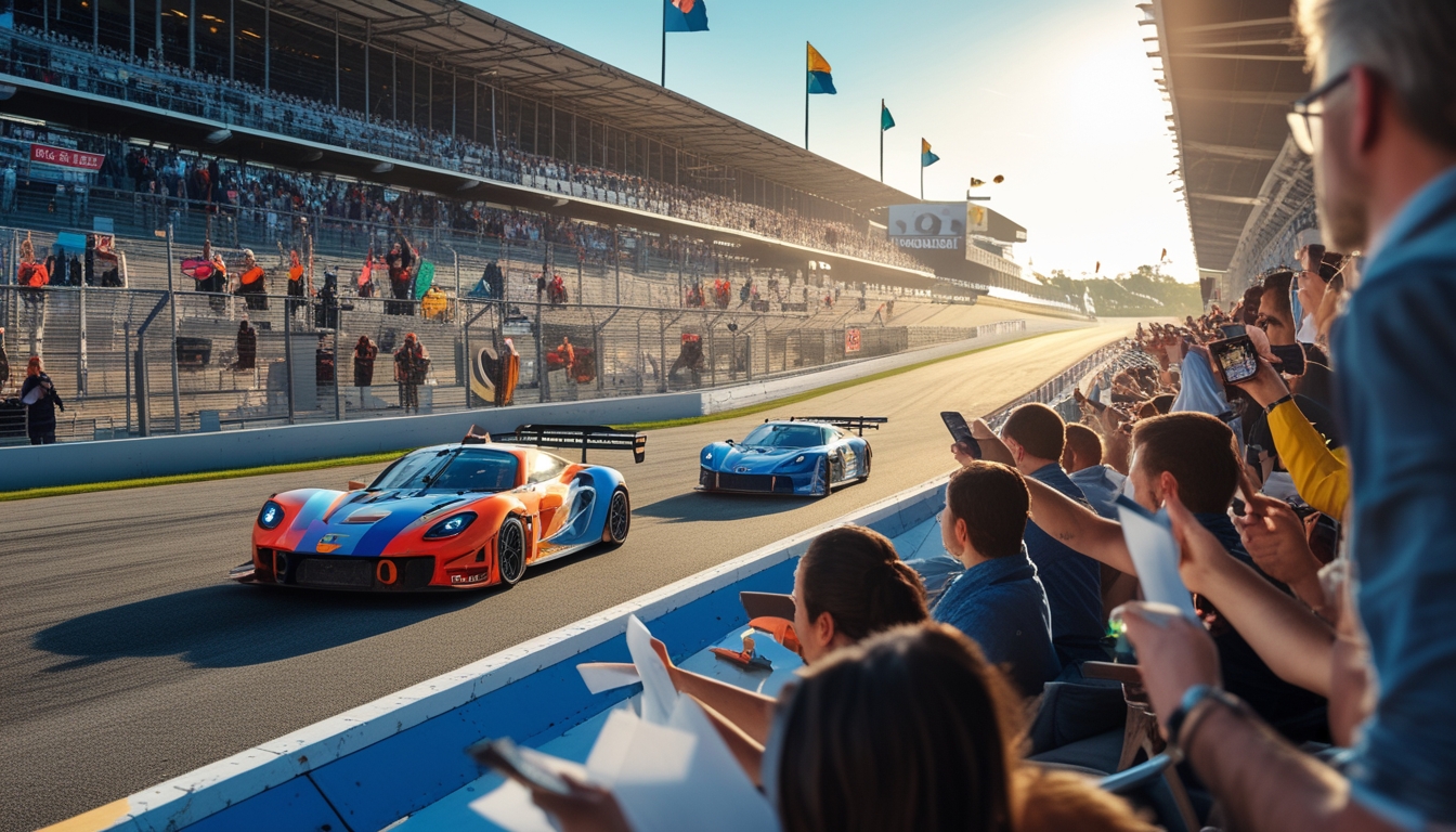 Lomba mobil di lintasan balap dengan penonton yang antusias dan beberapa orang sedang memasang taruhan menggunakan ponsel.