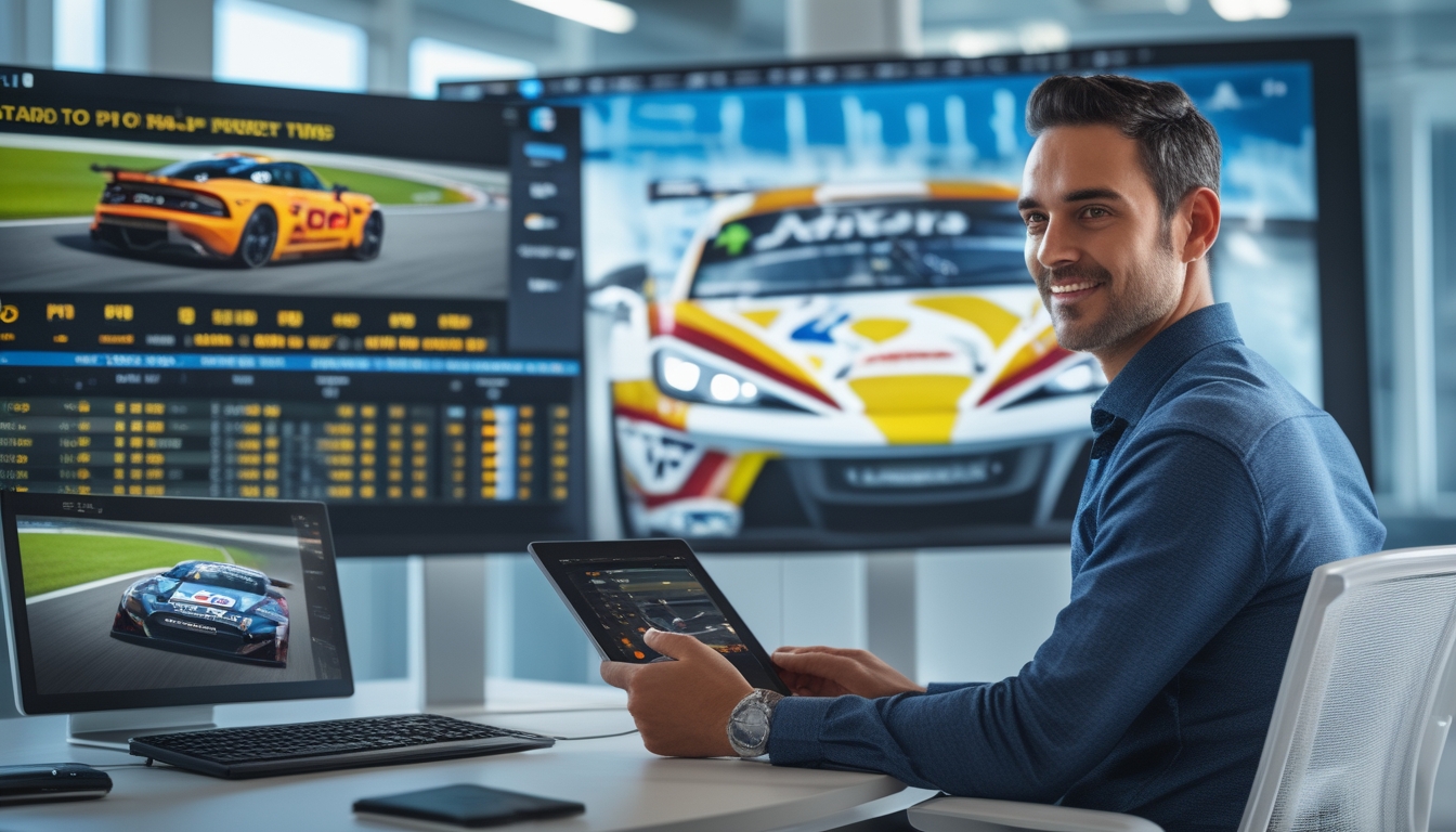 Seorang pria sedang menganalisis data balap mobil di depan beberapa layar komputer di kantor modern.