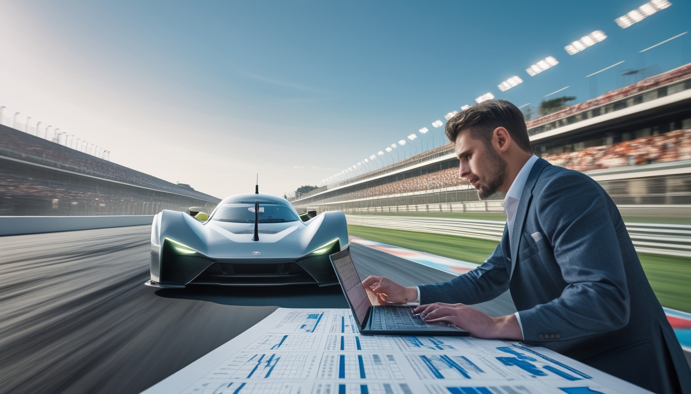 Seorang pria berpakaian kasual cerdas sedang menganalisis data taruhan sambil melihat balapan mobil yang sedang melaju cepat di lintasan dengan penonton di latar belakang.